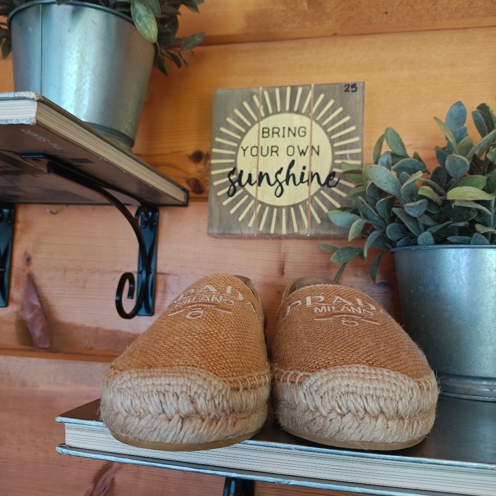 Prada Milano Embroidered Tan Jute Linen Burlap Shoe Espadrille Flats EUC Sz 36/6 - Picture 6 of 13